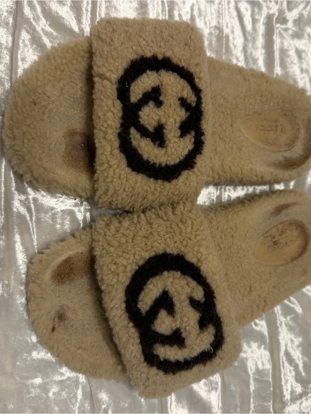Gucci Fuzzy Slide Sandals with Black Logo Accent